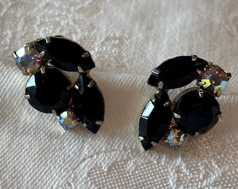 Bogoff Black Faceted Earrings, Aurea Borealis Rhinestones, Vintage Clip-On