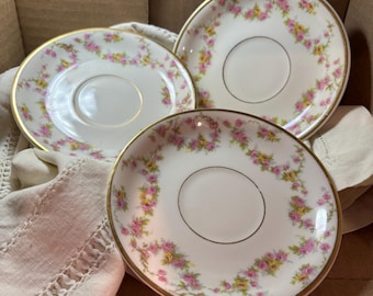 Limoges Saucers Vintage Elite French China Three 5 3/8&quot;  Excellent Vintage Pink and Yellow Rose Pattern 1910