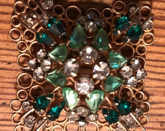 Brooch/Pendant by D'Eri - Ralph Scudieri-light and dark Green toned and Clear Vintage rhinestones - Gold back -1940-1950