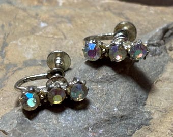 Aurora Borealis Earrings Vintage Rhinestone -Three stones Screw Back 1950 Stones firmly seated