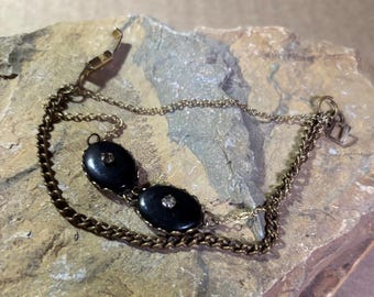Vintage Black Onyx Bracelet-Ankle Bracelet Rhinestone Accent, Germany, 1930s