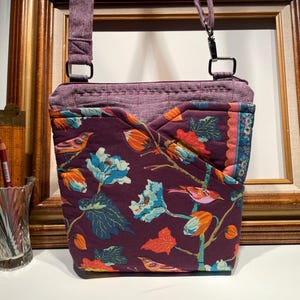 Edición limitada, bolso bandolera de tela Fall Bird n.º 128, hecho a mano, único en su tipo, para hombro, para viajes, acolchado, para cartera, para libros, con bolsillos
