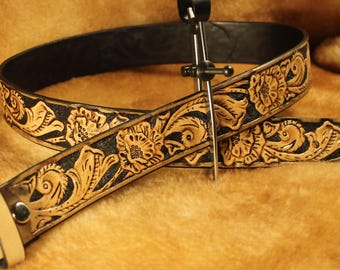 Custom Hand Tooled Leather Belt - Western Floral Design