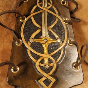 Hand Tooled Leather Archery Armguard - Celtic Sword