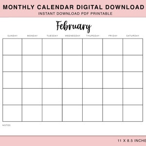 Monthly Blank Calendar, 11 X 8.5 Inches, Horizontal Calendar, Printable ...