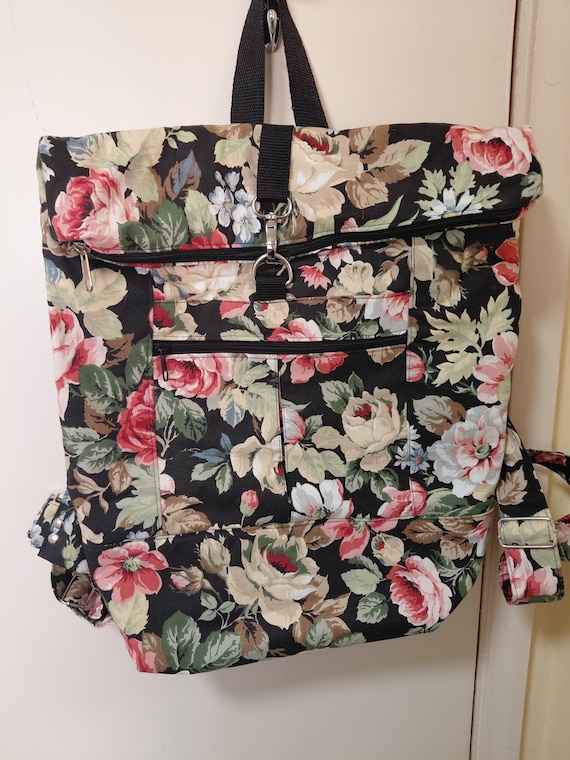 Floral Fabric Backpack: Quilted Black Cotton, Adjustable  display picture 3