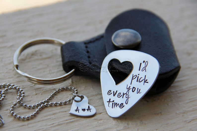 I pick you every time Personalized Guitar Pick Keychain with Heart Cut Out