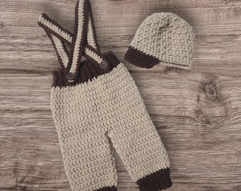 Handmade Crochet Newsboy Baby Outfit: Hat, Pants & Suspenders - 3-6 Months Infant Gift Set