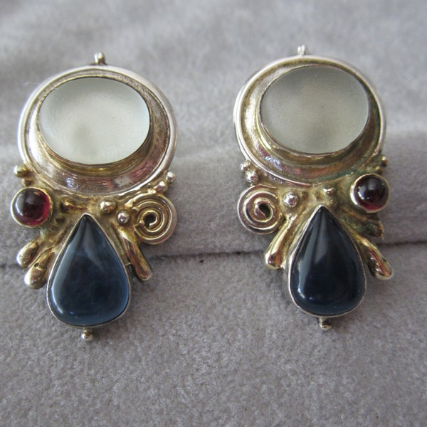 Vintage Antique Sterling Silver Art Deco Revival Earrings with Lucite Moonstones and Sapphires Ca. 1940's-1950's