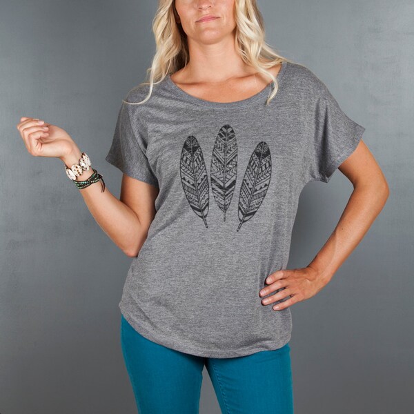 Women's Feather Shirt- Loose Fitting Sexy T Shirt- Off the Shoulder Top- Tribal Feather Graphic Tee- Women's Blouse
