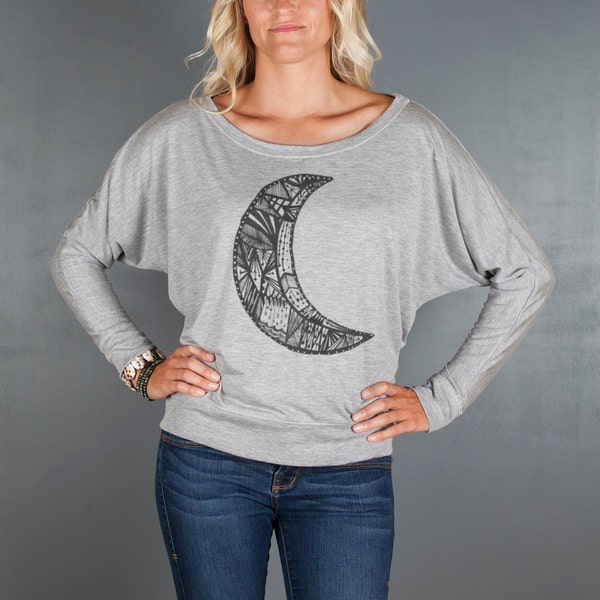 On Sale Gypsy Moon Off the Shoulder Sexy Long Sleeve Top-  Moon Graphic Slouchy Women's Tee-  Custom Hand Screen Printed- Feather 4 Arrow