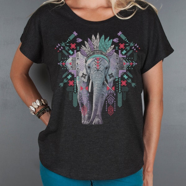 Womens Top, Women's Geometric Elephant- Sale Aztec Elephant Women's Tee- Loose Fitting Open Neck T Shirt- Animal Graphic Tee- Women's Tops