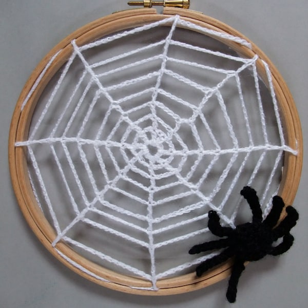 Halloween Crochet Pattern Spider and Web Cobweb embroidery hoop art- easy & quick, instant download PDF, black, white, grey. monochrome