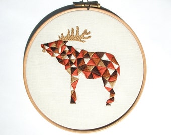 Diseño de bordado moderno geométrico patrón PDF "Geo Stag" - Deer Hart Animal Hoop Art - Descarga digital instantánea - Rust Red Brown Beige Ecru