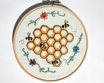 Honeycomb Bee Geometric Embroidery Design PDF Pattern - Hoop Art - Instant Digital Download - Yellow, Floral, Hexagon DIY Gift
