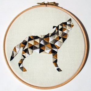 Wolf Embroidery Pattern for Geometric Animal Hoop Art "Geo Wolf" Instant PDF Digital Download - Gold, Black, White, Silver, Grey