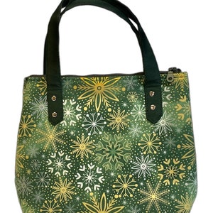 Christmas small tote bag with green and gold Glitter snowflakes  Cotton Fabric Foam Padded Cotton Lining Zipper on the top underarm purse