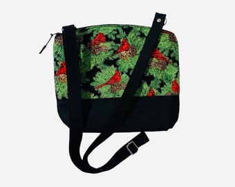 Christmas Cardinal Crossbody Purse: Metallic Cotton Fabric, Adjustable Strap
