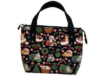 Christmas Kitties and Candy Cane, Black, Small Cotton Tote/Top Handle Bag
