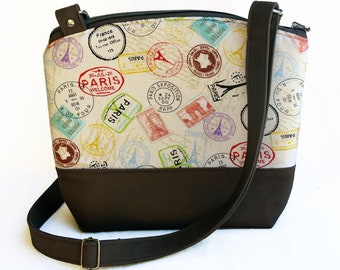 Paris Stamps Crossbody Purse: Padded Cotton Travel Bag