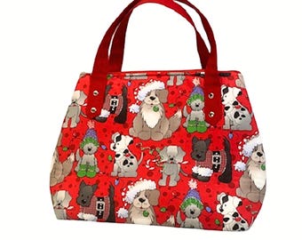 Handmade Christmas Dogs Tote Bag: Red Glitter Holiday Purse