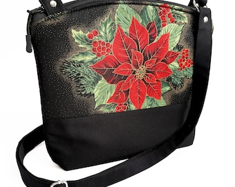 Handmade Christmas Poinsettia Crossbody Bag: Padded Cotton Purse