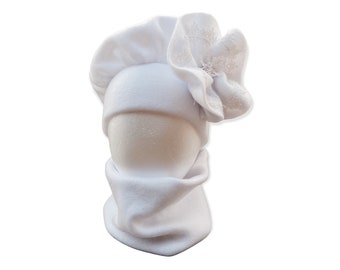 White Fleece Hat and Neck Warmer Set: Mommy & Me Matching