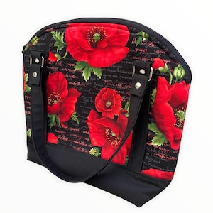 Bolso de hombro de amapola roja hecho a mano, bolso de mano floral personalizado con tela con escritura escrita a mano, regalo único para mujeres, regalo personalizado