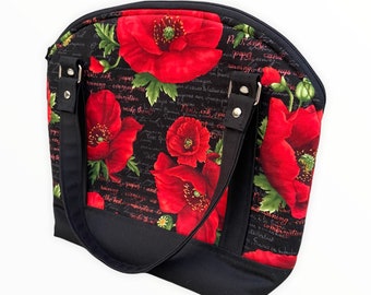 Handmade Red Poppy Shoulder Bag: Floral Script Fabric Handbag
