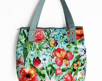 Handmade Floral Tote Bag: Butterfly Bee Print, Lightweight Shoulder Purse