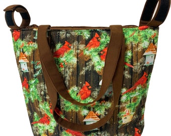Christmas Cardinals Tote Bag: Padded Cotton Fabric, Adjustable Handles