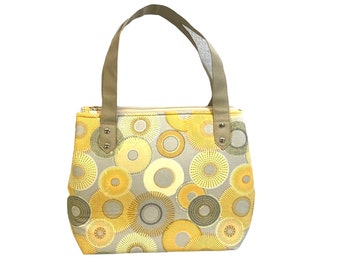 Handbag/tote , Yellow and grey circle print,Cotton blend, Fully padded,