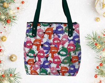 Snowmen Christmas Tote Bag, Padded Cotton Lined, Zippered