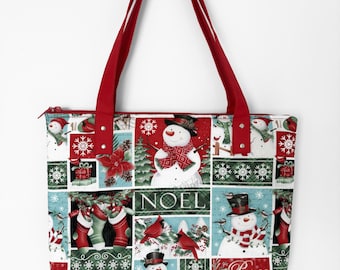 Handmade Christmas Tote Bag with Snowmen, Cardinals and Holiday Stockings, Christmas gift for her
