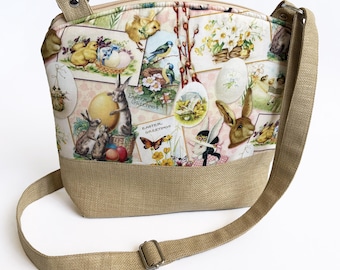 Vintage Easter Crossbody Bag – Bunny & Egg Postcard Print, Handmade