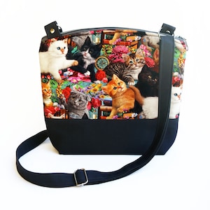 Purse Arm/cross-body with kittens design Dark Grey Finished Fully padded with foam and lined inside fabric Handmade Birthday Gift for women