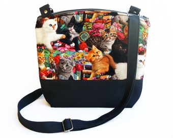 Handmade Kitten Print Crossbody Bag: Padded Shoulder Purse