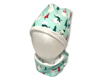 Soft winter / Holiday hat and neck warmer with snowmen.
