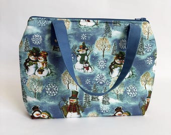 Handmade Snowman Tote Bag: Winter Snowflakes Purse