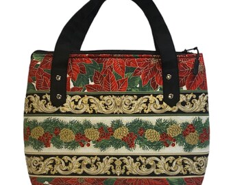 Christmas Poinsettia, Holiday Flourish, Handmade, tote /handbag, cotton fabric, fully padded,