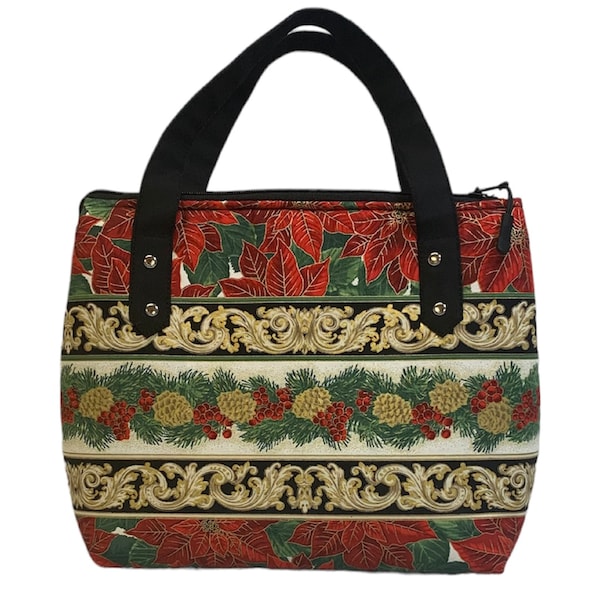 Christmas Poinsettia, Holiday Flourish, Handmade, tote /handbag, cotton fabric, fully padded,