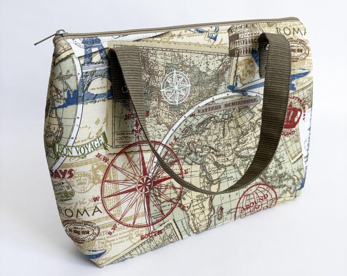 Handmade World Map Tote Bag: Vintage Landmark Travel Purse