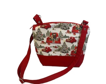 Christmas Dogs Red Truck Crossbody Purse: Festive Cotton Bag