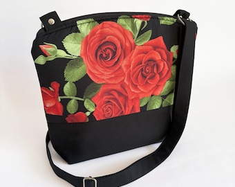 Handmade Red Rose Purse: Black Crossbody Bag with Adjustable Strap