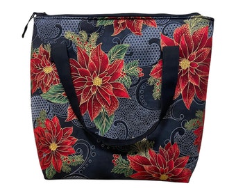 Handmade Poinsettia Tote Bag: Padded Cotton Shoulder Purse