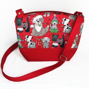 Bolso bandolera o de mano con estampado navideño de perros: totalmente acolchado con espuma, forro de algodón rojo, cierre de cremallera: bolso de mano para amantes de los perros en vacaciones