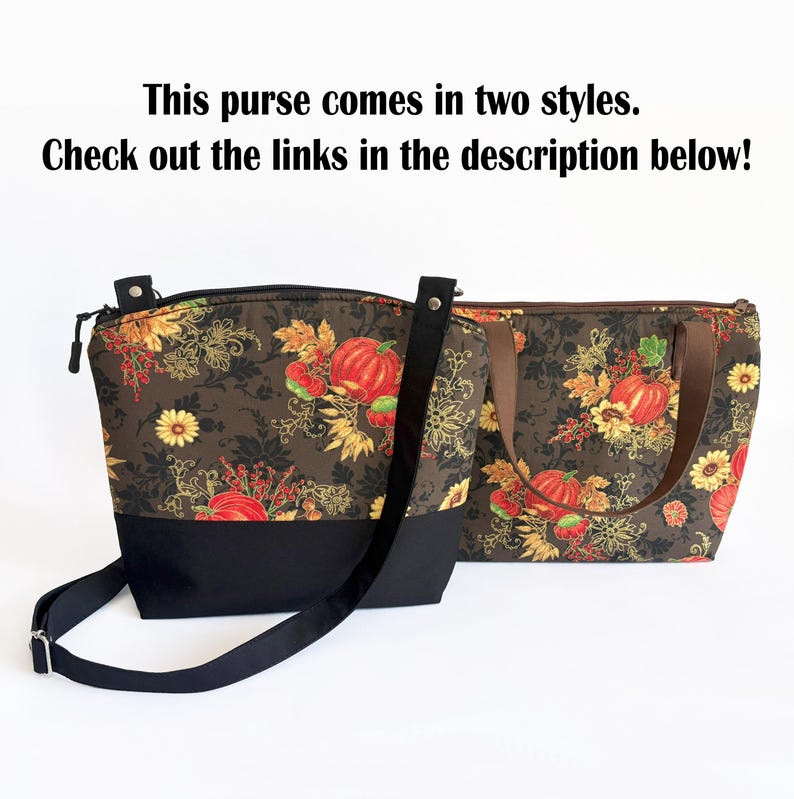 May include: Two purses with a fall-themed pattern of pumpkins, leaves, and flowers on a brown background. One purse has a black base and strap, the other has a brown strap. Text on top says "This purse comes in two styles. Check out the links in the description below!"