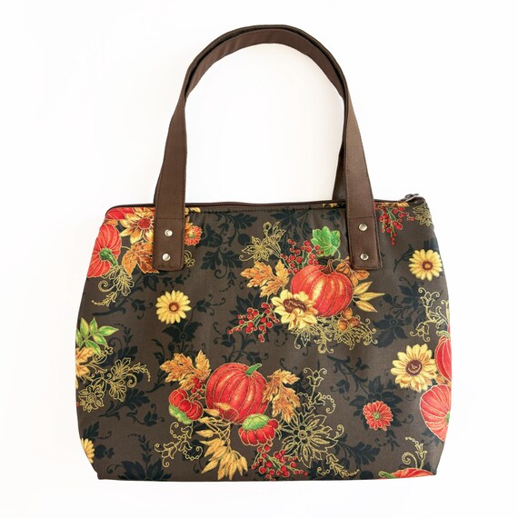 Handmade Fall Tote Bag: Pumpkins, Sunflowers, Sparkly Gold Detail
