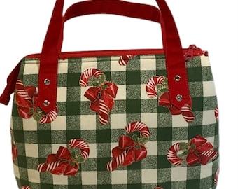 Christmas Candy Cane Tote Bag: Plaid Cotton, Padded Holiday Purse