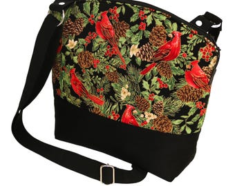 Christmas Cardinal Crossbody Purse: Handmade Padded Cotton Bag